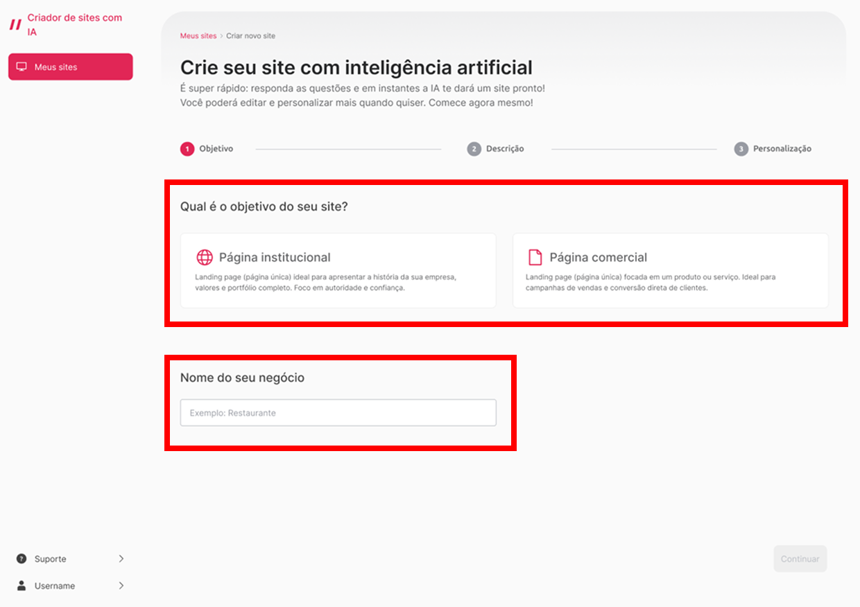 [Alt text: Imagem da primeira etapa de criação de um site. Dois retângulos grandes estão ocupando o centro da tela: um está com o nome de página institucional e o outro com o nome de página comercial. Abaixo desses elementos, está o campo para escrever o nome da empresa.